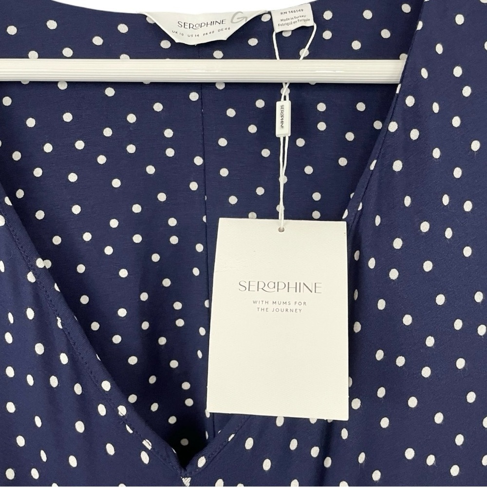 Seraphine Maternity Jersey Knit Dress Cap Sleeve Navy Blue Polka Dot NWT - Picture 4 of 13